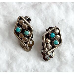 Turquoise Accented & Beaded SW Style Stud Sterling Silver 925 Clip On Earrings